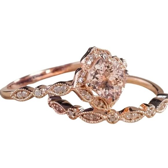 2 ct Round Cut Morganite & moissanite diamond Bridal Engagement Wedding Ring Set - Picture 3 of 6